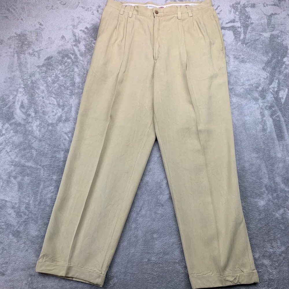 Tommy Bahama 100% Silk Pants 36x30 Relaxed Fit Pleated Khaki Casual Coastal